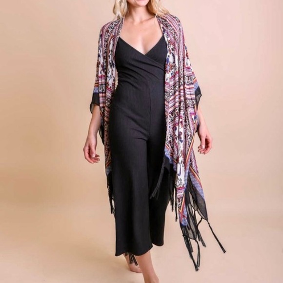 Bohemian Fringe Kimono Wrap Coverup With Armholes One Size 0-18 Tassels - Picture 7 of 7